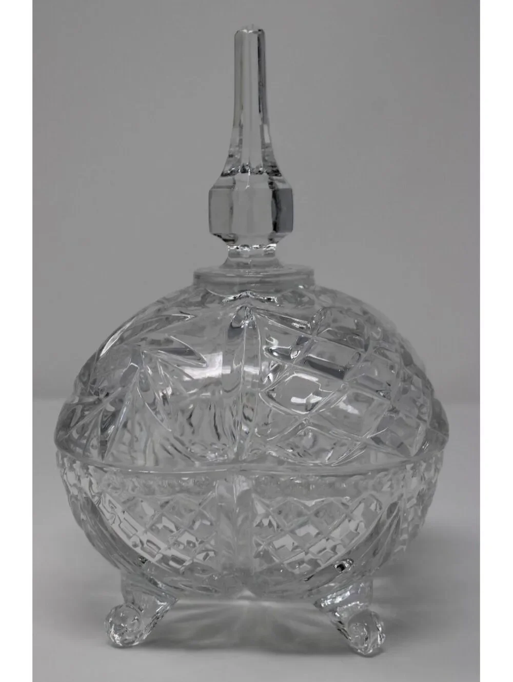 Vintage Cut Crystal Covered Candy Dish Footed Pedestal Bowl with Finial Lid